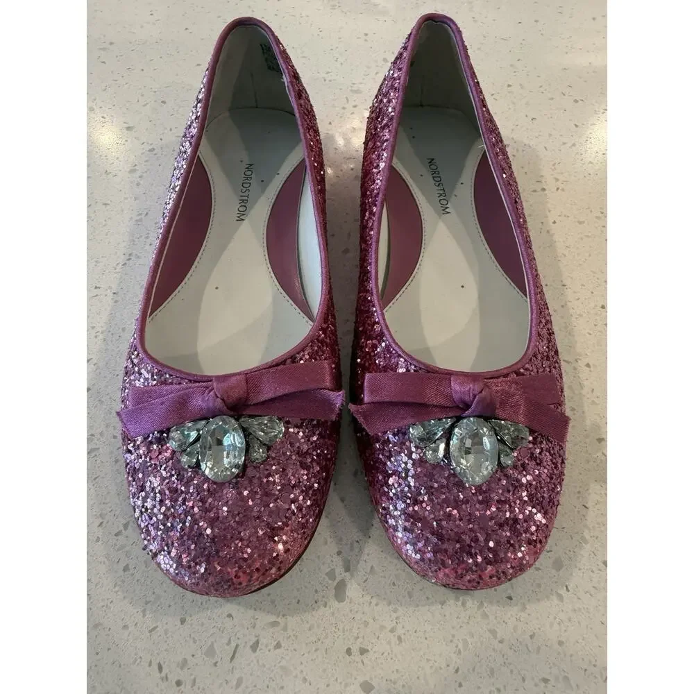 Nordstrom Girls Pink Glitter With Jewels Ballet‎ Flats Little Girls Size 1 M